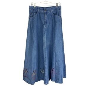 Vintage Grateful Dead USA Denim Maxi Skirt Size 14 Embroidered Rainbow Bears